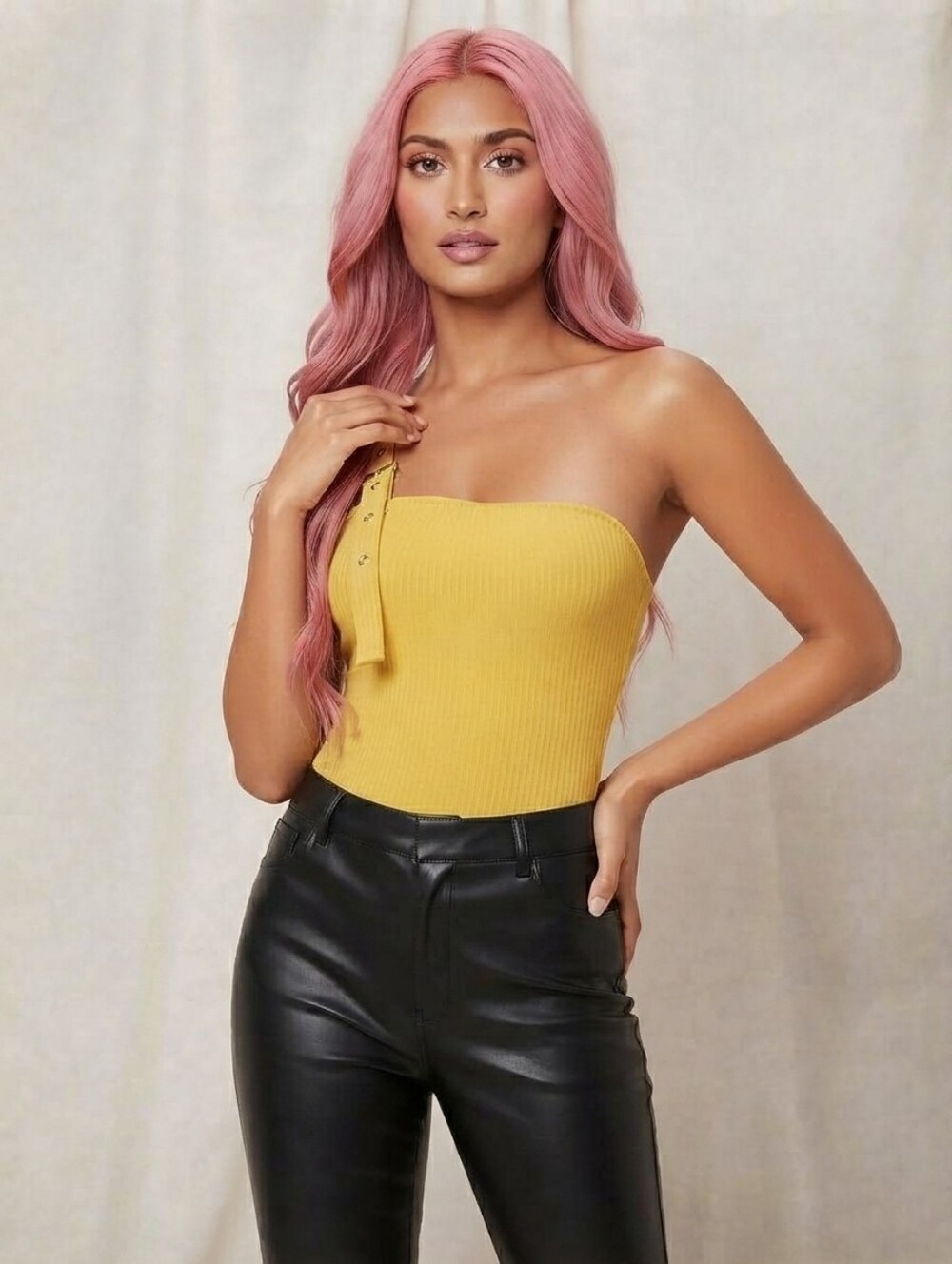 Zara Yellow Ribbed One Shoulder Bodysuit with Asymmetric Strap Detail